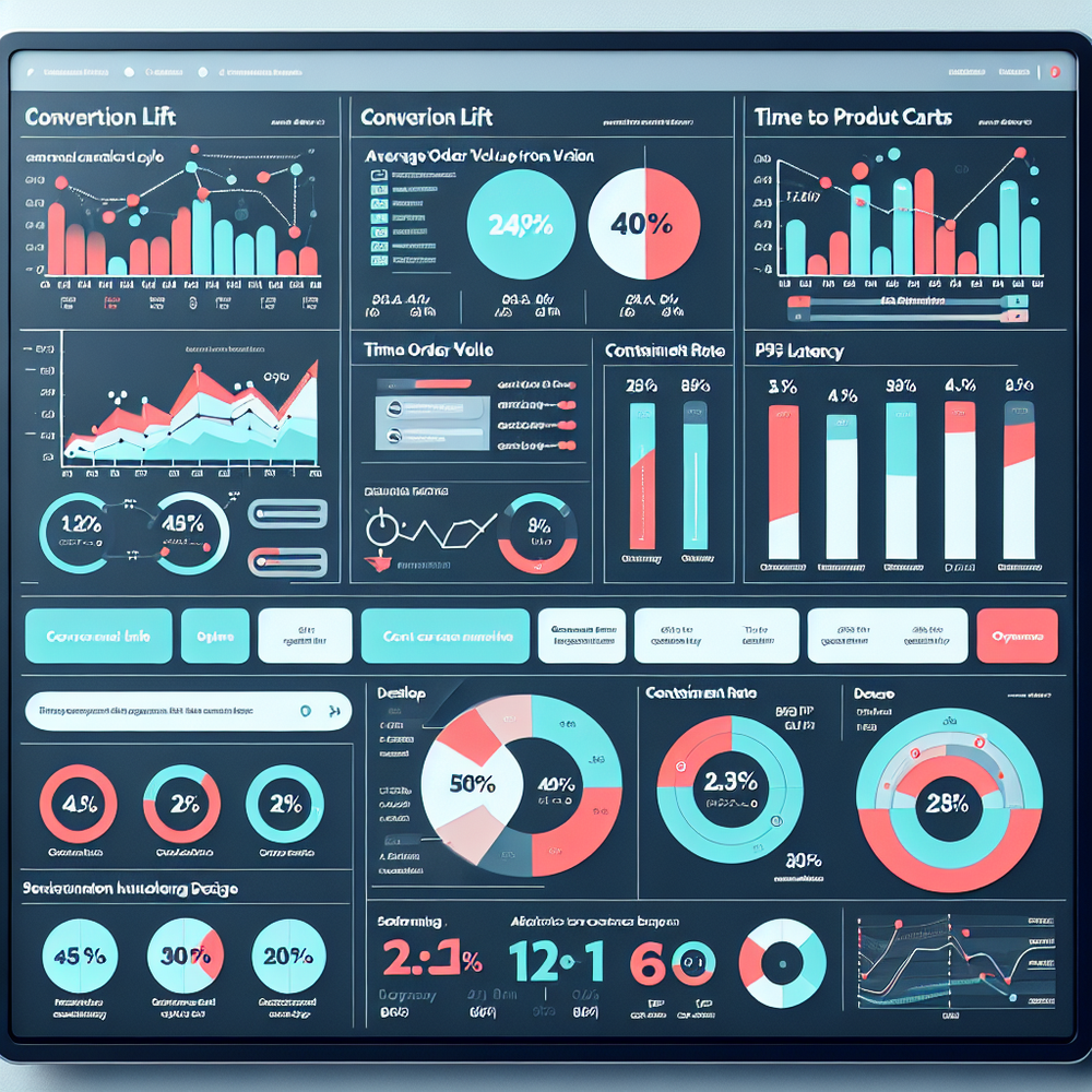 ROI dashboard showing conversion lift, AOV from agent-led carts, TTPF, containment, and latency by device.
