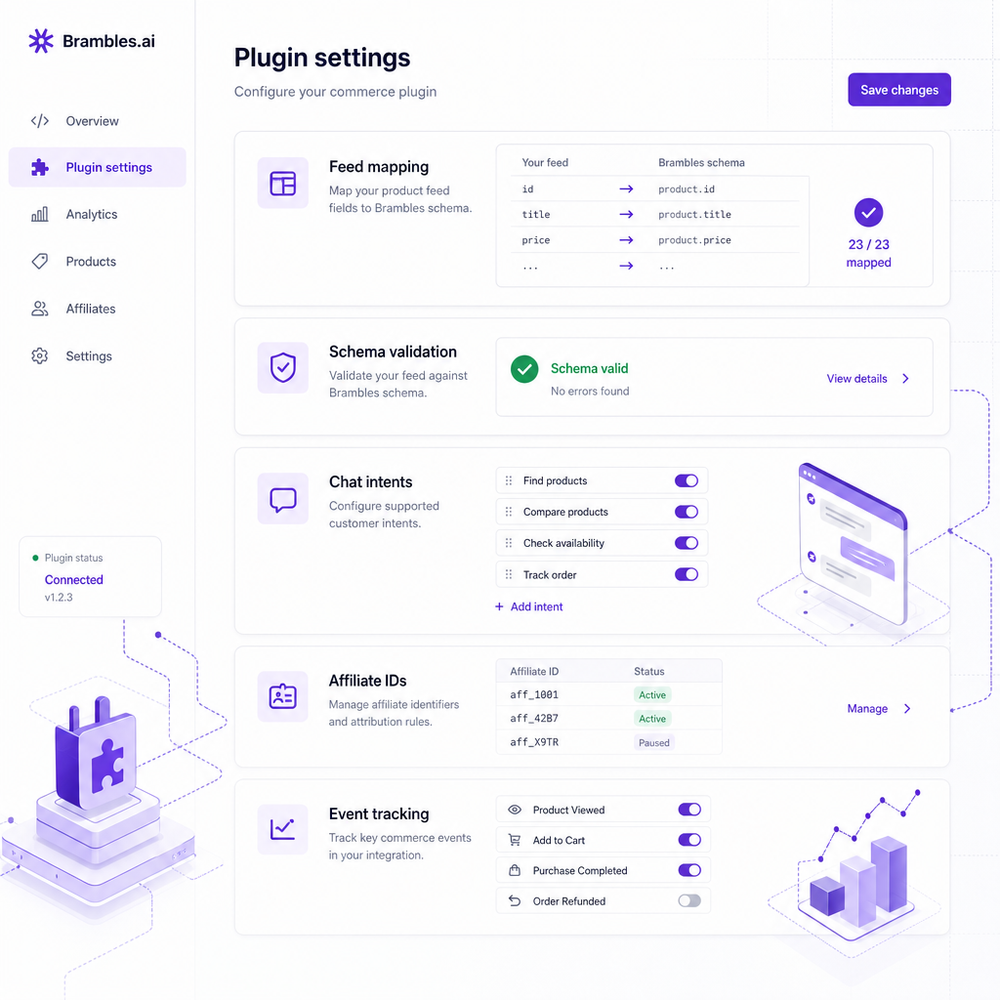 Plugin settings dashboard showing feed mapping, schema validation, chat intents, affiliate IDs, and event tracking.