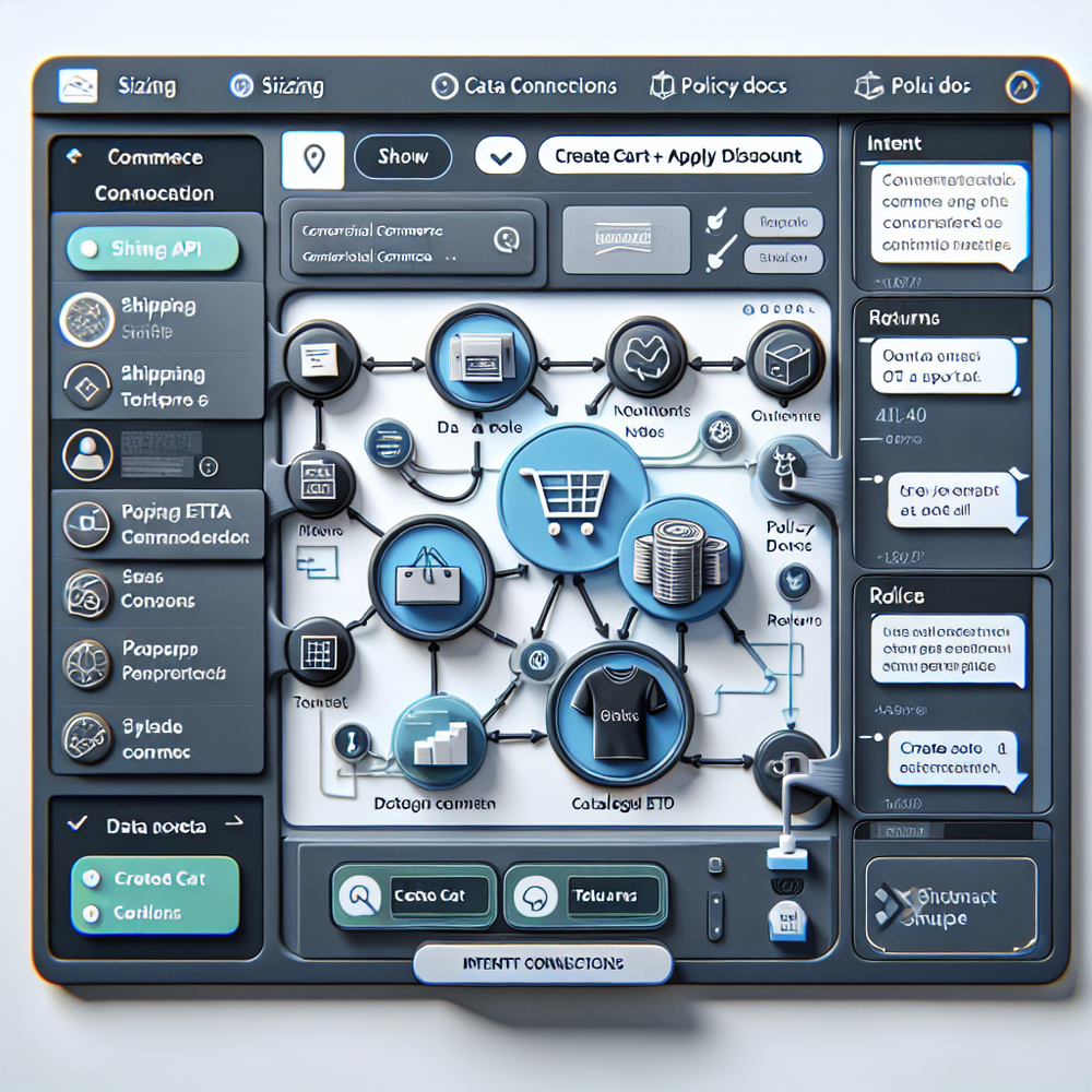 Workflow builder configuring intents, data sources, and in-chat checkout actions.