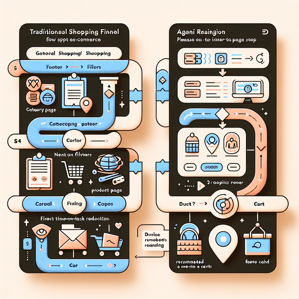 Diagram contrasting traditional browse funnels vs. agentic, question-to-cart flows.