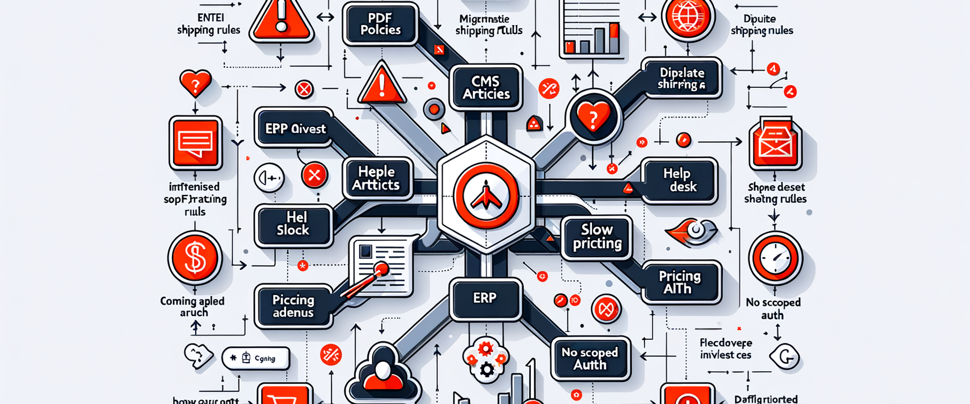 Diagram of common failure points that make AI agents stumble: conflicting policies, slow APIs, missing fields.