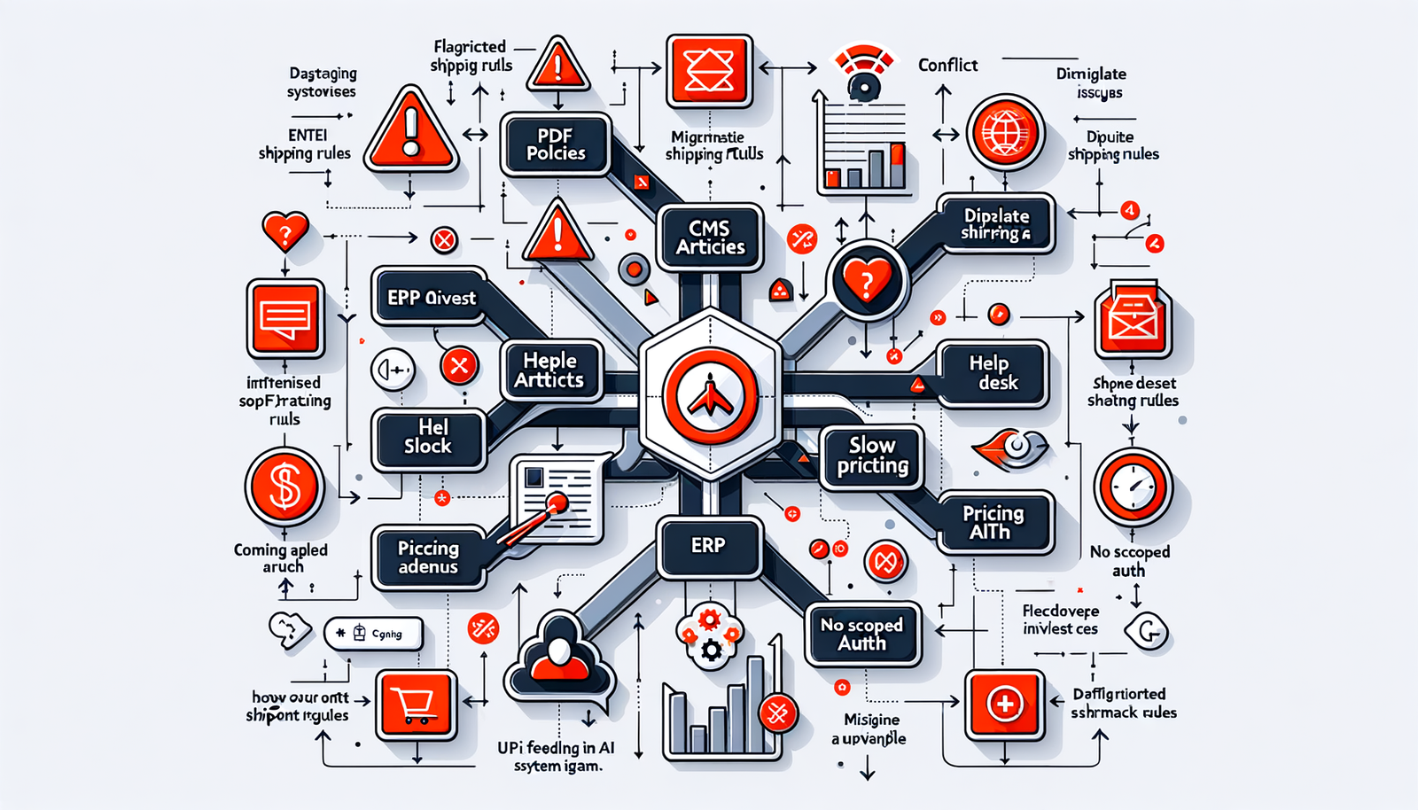 Diagram of common failure points that make AI agents stumble: conflicting policies, slow APIs, missing fields.