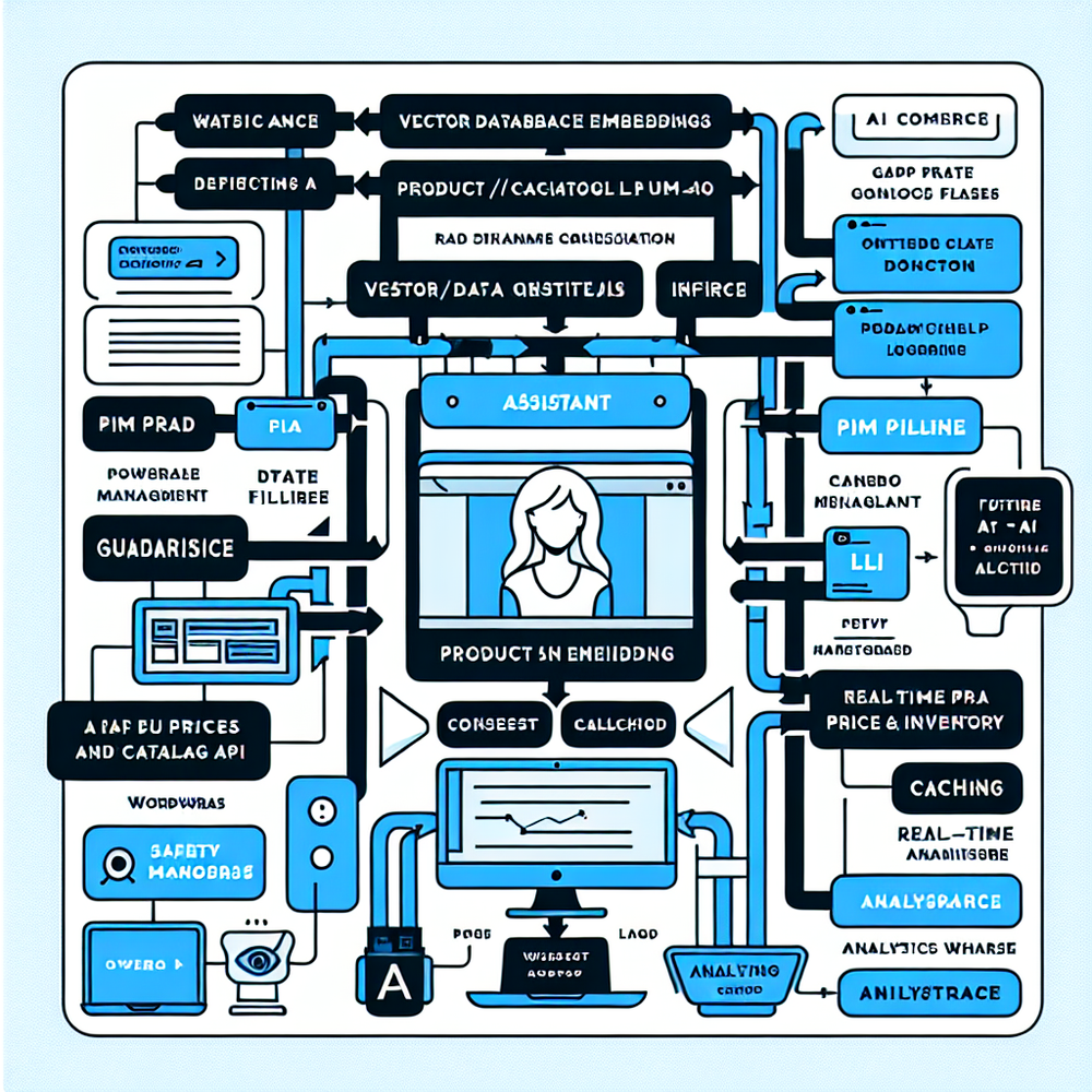 System architecture showing WordPress + Brambles.ai plugin, product data sources, RAG pipeline, and analytics used by the assistant.