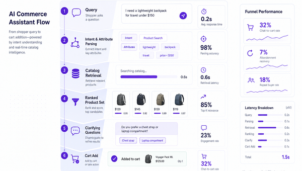 Diagram of chat-to-cart funnel for an AI shopping assistant with performance metrics.
