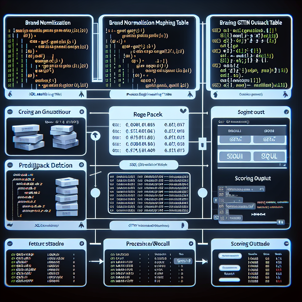 SQL and rule snippets used to normalize brands, validate GTINs, and detect multipacks.