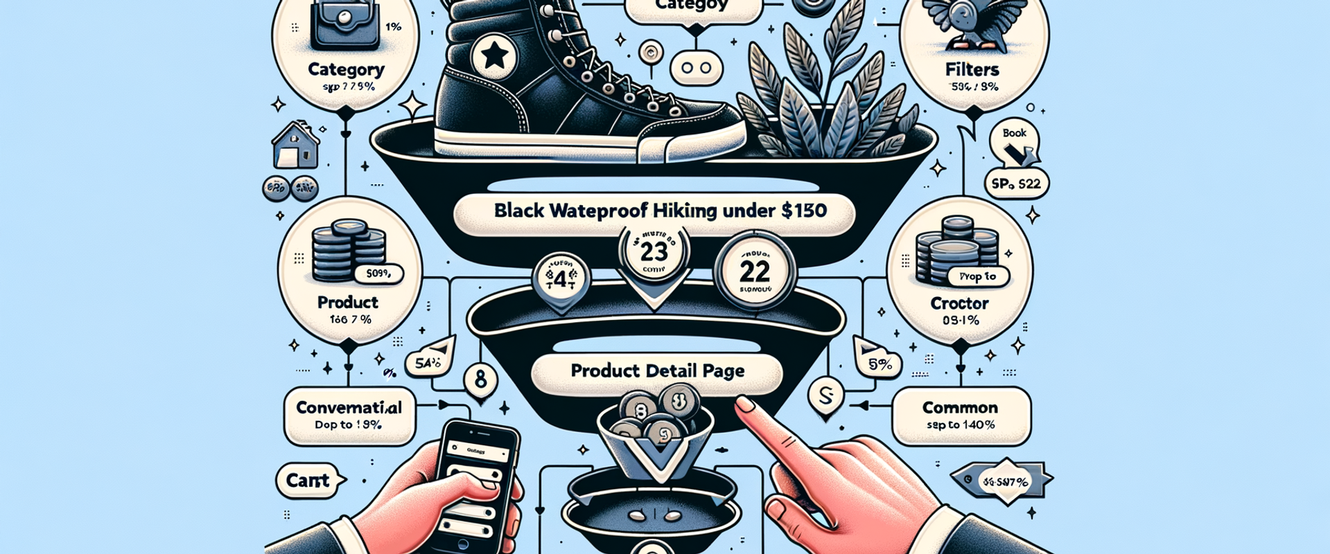 Diagram comparing traditional funnels vs conversational shopping paths and their drop-offs.