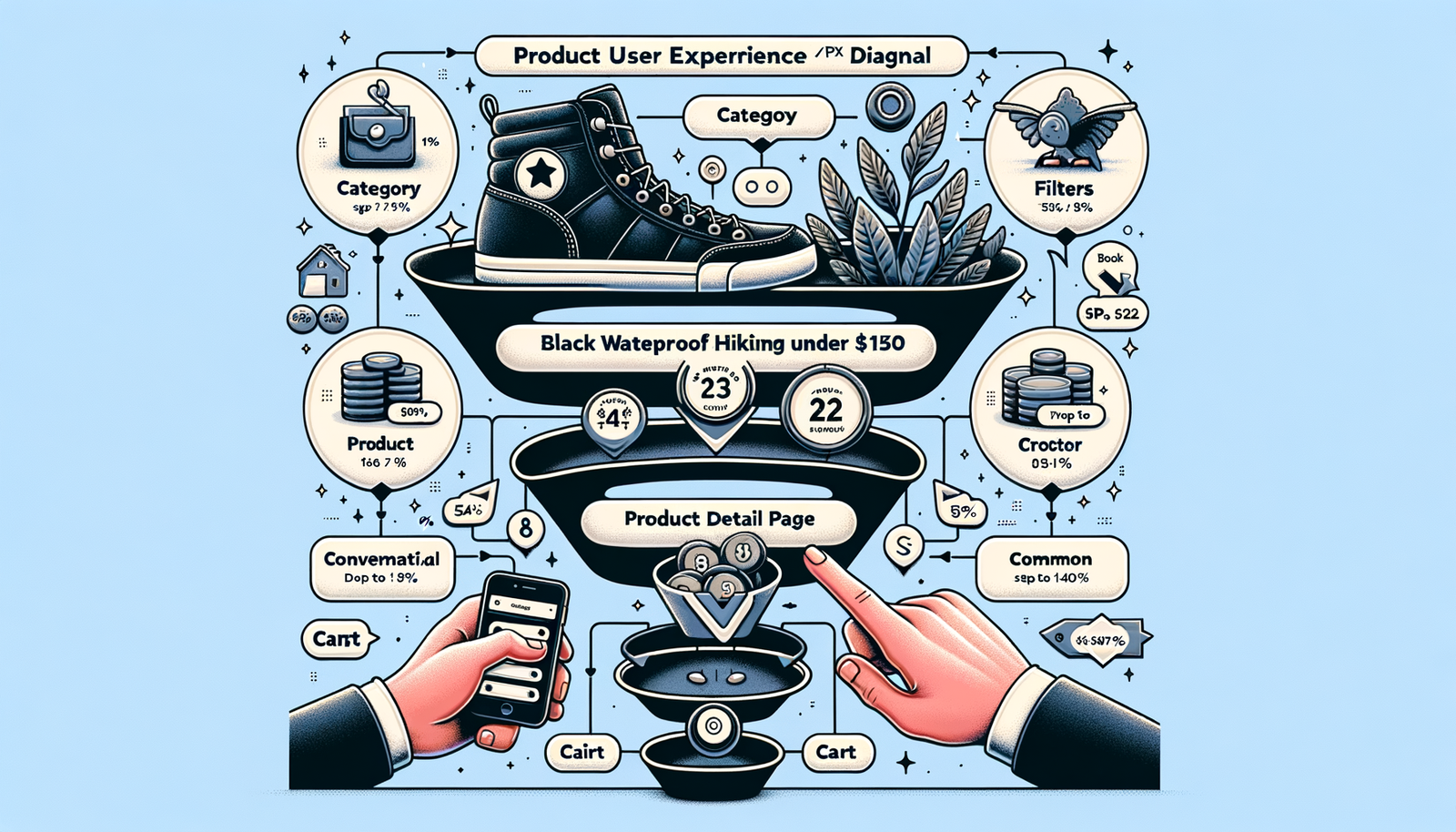 Diagram comparing traditional funnels vs conversational shopping paths and their drop-offs.