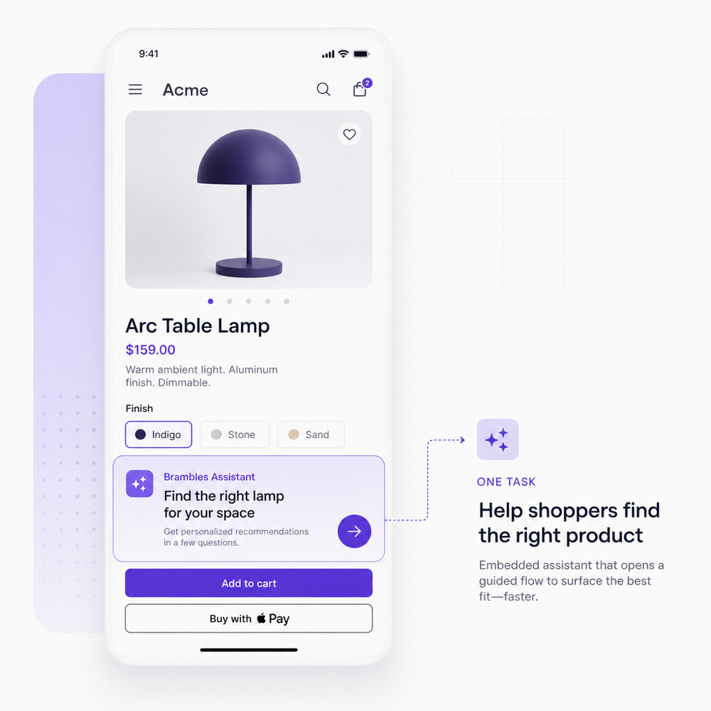 Mobile PDP mockup with an embedded assistant CTA focused on one task.