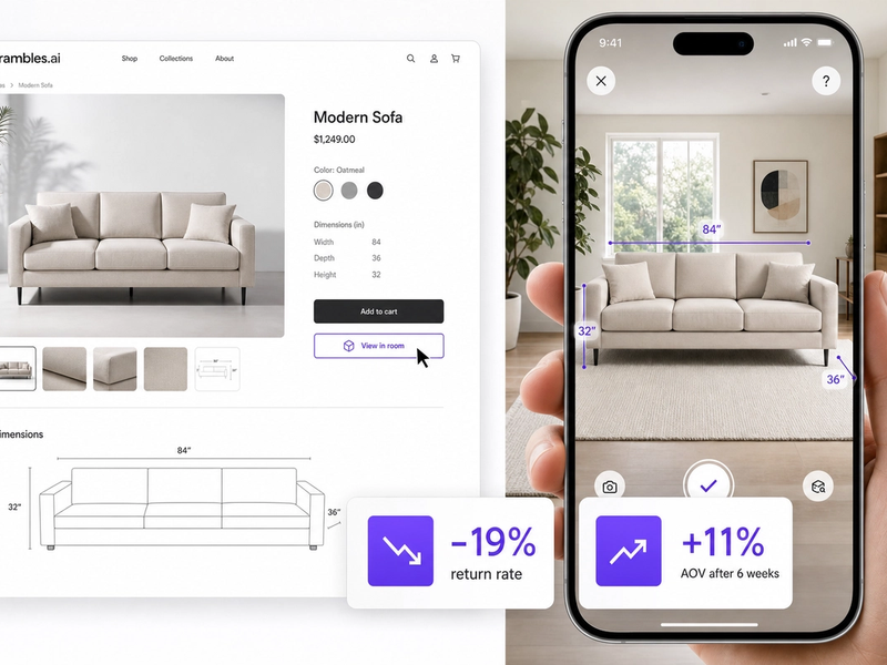 Before/after visualization comparing static photo vs View in Room with measurable impact on returns and AOV.