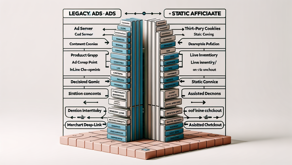 Diagram comparing legacy ad/affiliate stack vs agentic commerce flow, highlighting fewer redirects and assisted decisions.