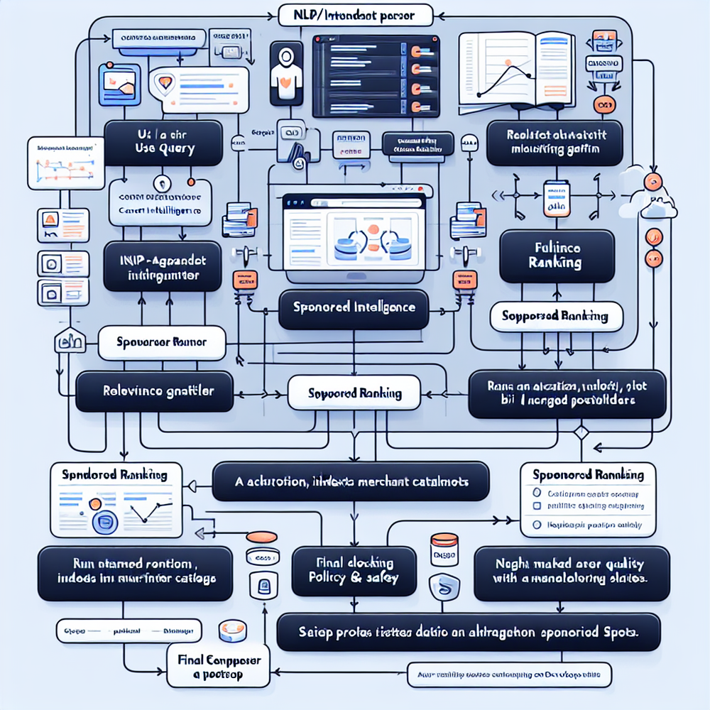 Architecture: intent parsing, retrieval, sponsored auction, and compliant rendering