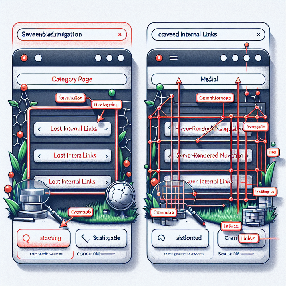 Before-and-after visualization of assistant overlay patterns that harm vs. preserve internal linking for SEO.