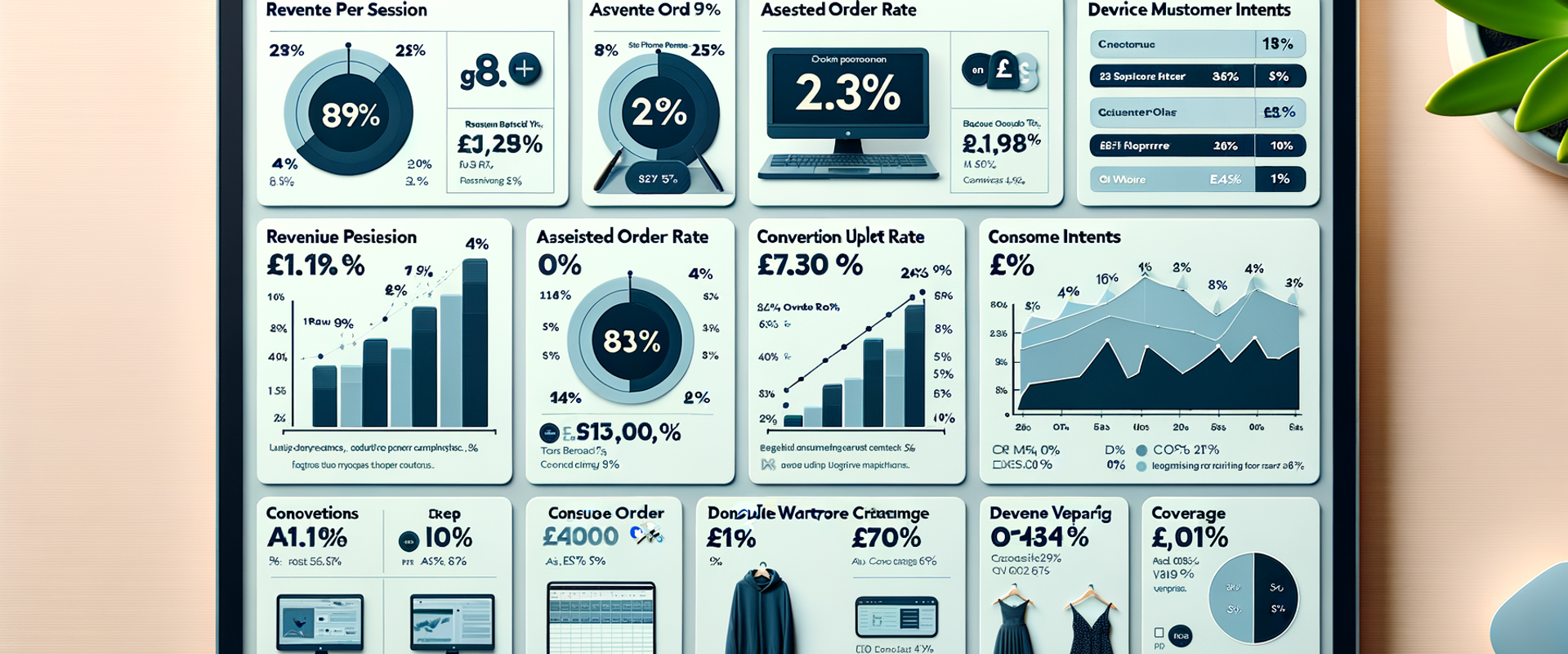 Agentic commerce ROI dashboard with assisted orders, RPS, AOV, and coverage visualized over a 21‑day test.