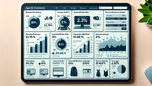 Agentic commerce ROI dashboard with assisted orders, RPS, AOV, and coverage visualized over a 21‑day test.