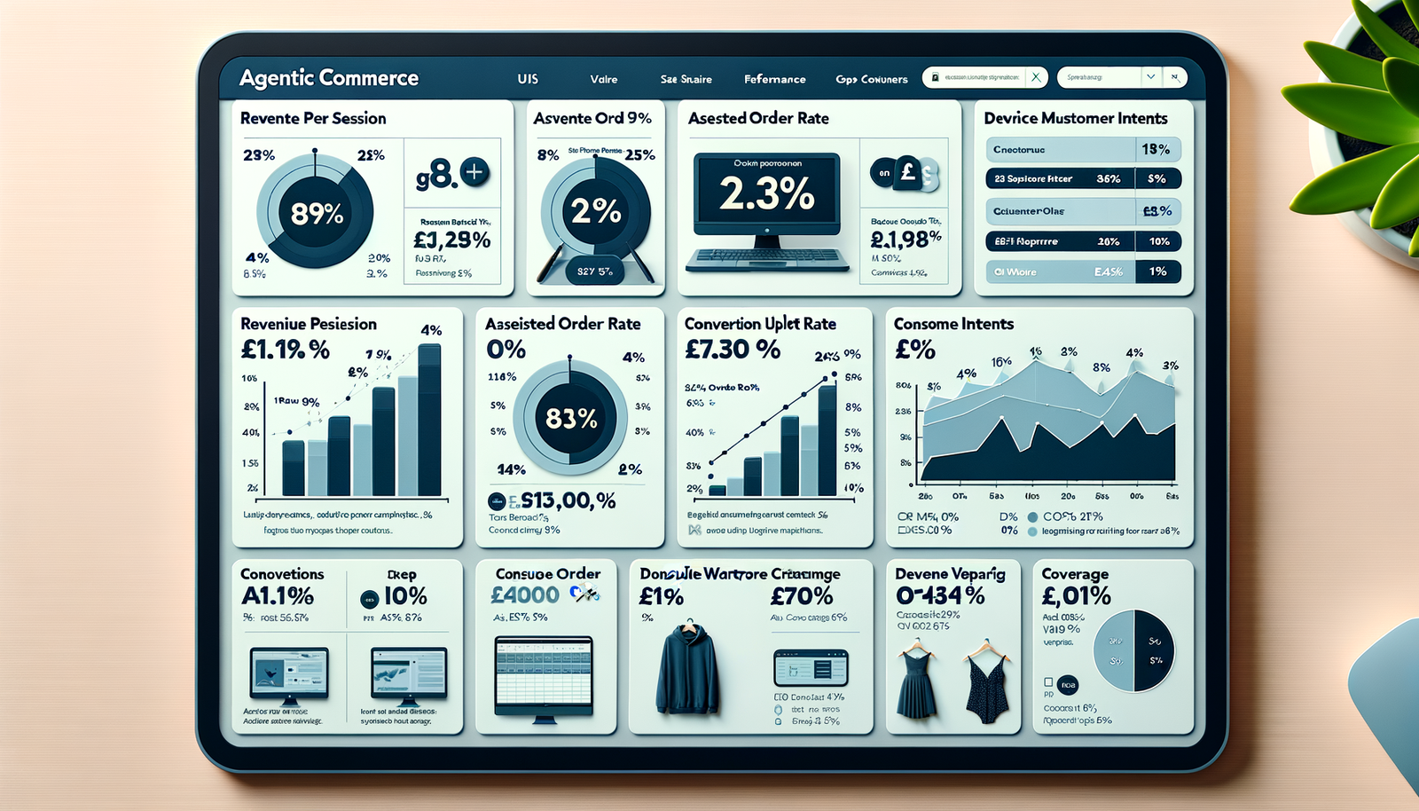 Agentic commerce ROI dashboard with assisted orders, RPS, AOV, and coverage visualized over a 21‑day test.