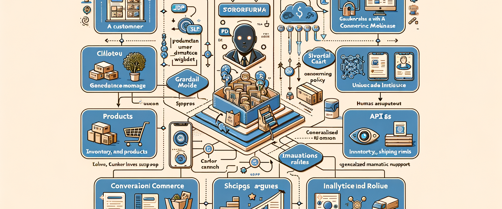 Architecture diagram: Shopify + Brambles Commerce Module powering an agent that reads catalog, pricing, and inventory to build carts with guardrails.