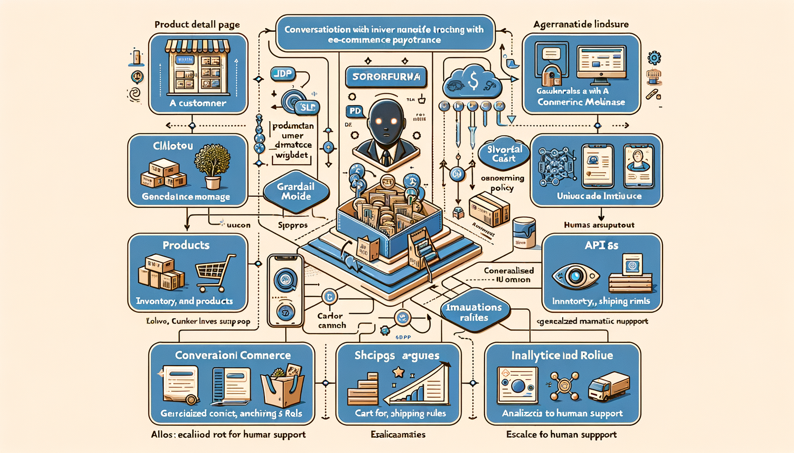 Architecture diagram: Shopify + Brambles Commerce Module powering an agent that reads catalog, pricing, and inventory to build carts with guardrails.