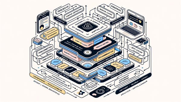 Agentic commerce architecture showing perception, proposal, decision, transaction, and support layers with Brambles features.
