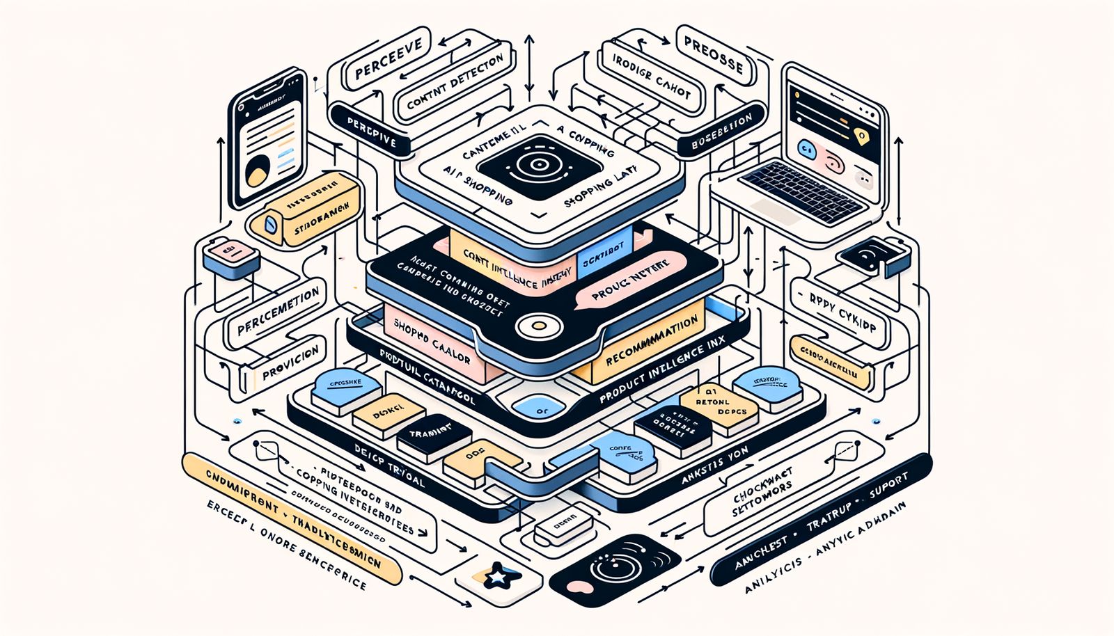 Agentic commerce architecture showing perception, proposal, decision, transaction, and support layers with Brambles features.