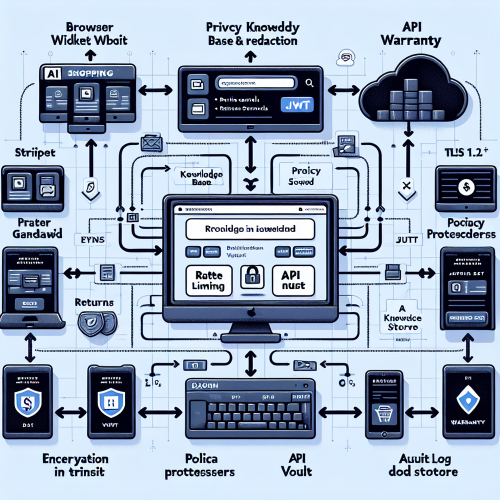 End‑to‑end security architecture showing redaction at the edge, policy grounding, and payment handled by processors.