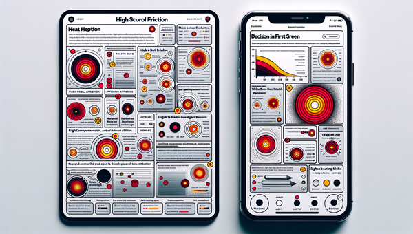 Heatmap comparison of a long listicle vs a structured shoppable buyer’s guide hub on desktop and mobile.