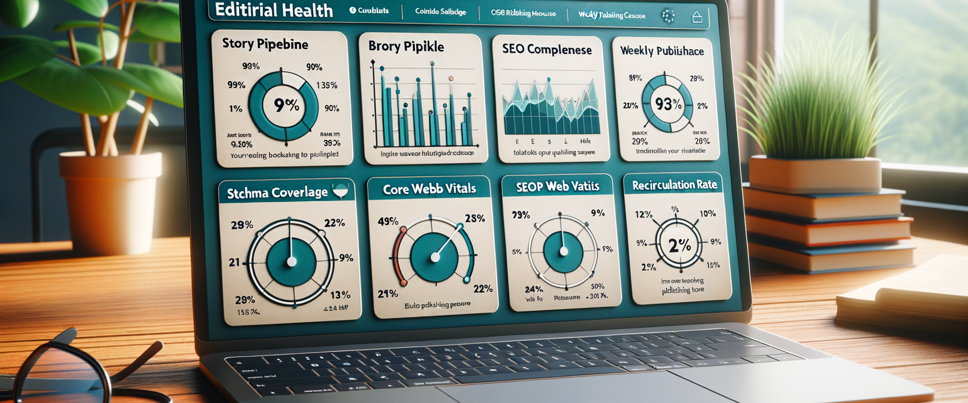 Editorial health dashboard showing briefs, SEO completeness, CWV, and recirculation improvements for an indie publisher.