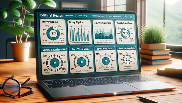 Editorial health dashboard showing briefs, SEO completeness, CWV, and recirculation improvements for an indie publisher.