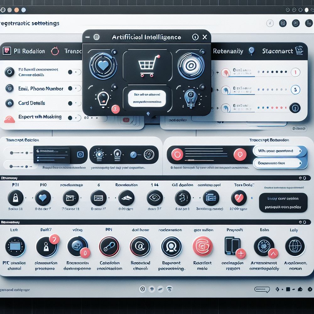 Settings UI mockup showing redaction and retention controls for commerce chat.