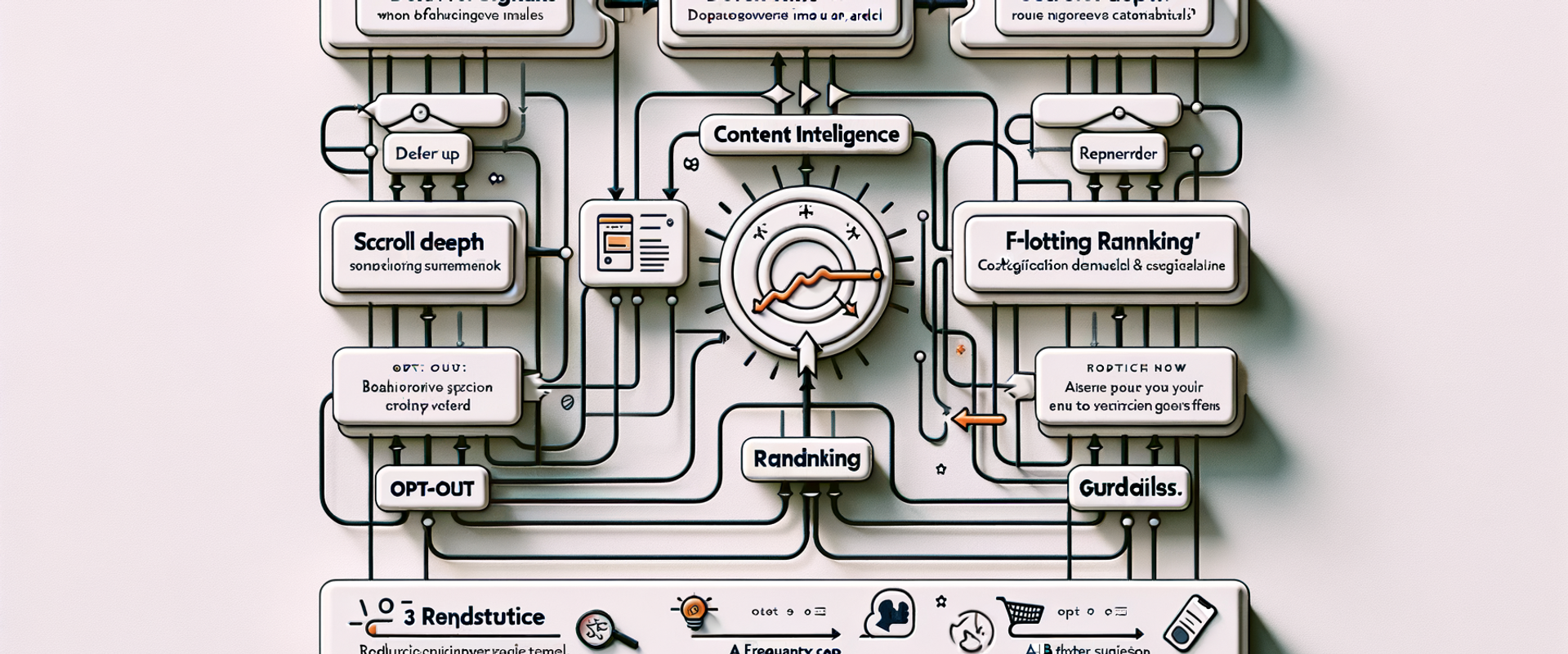 Architecture diagram of proactive suggestion signals flowing into AI ranking and rendering as contextual UI elements.