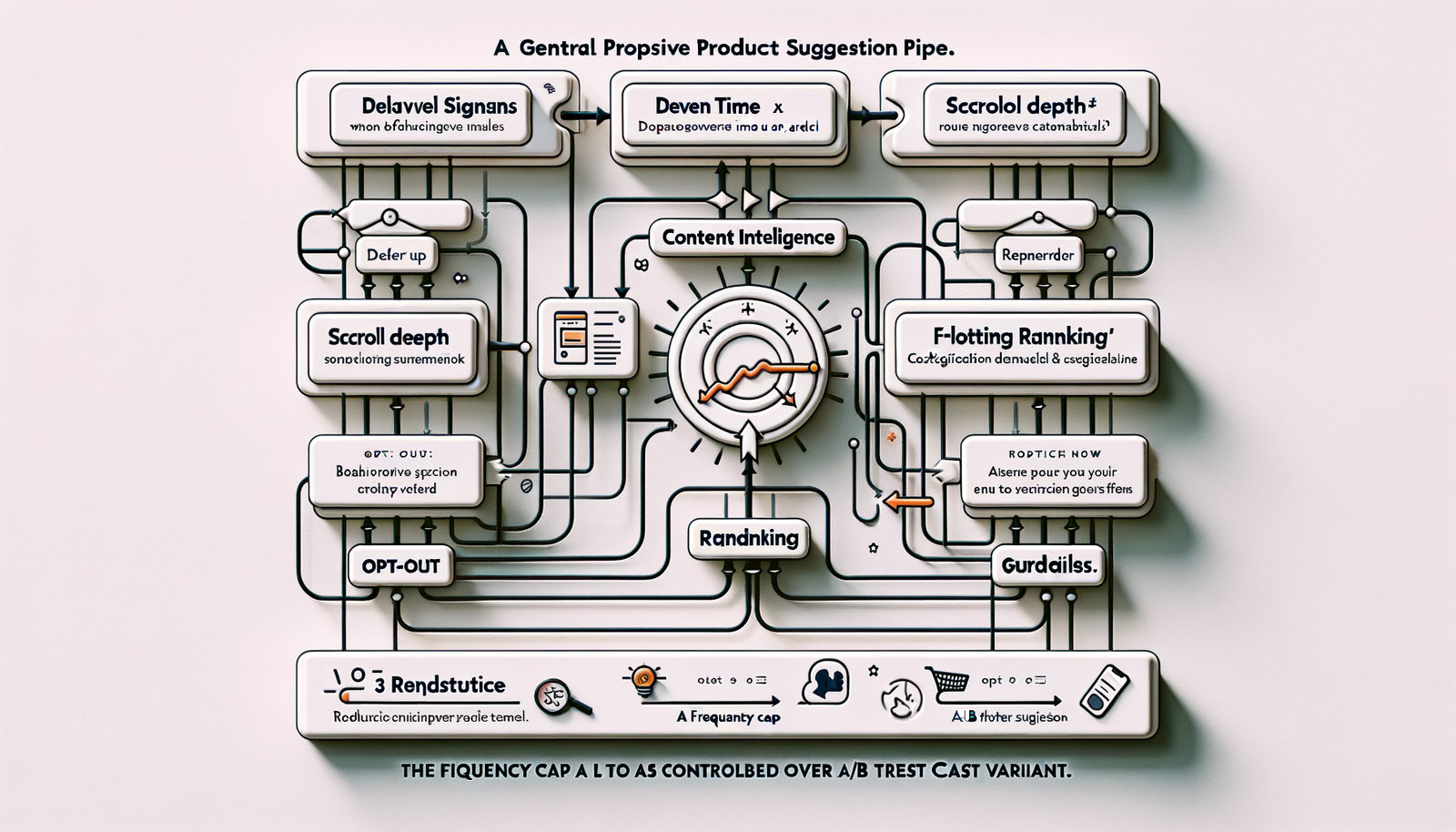 Architecture diagram of proactive suggestion signals flowing into AI ranking and rendering as contextual UI elements.