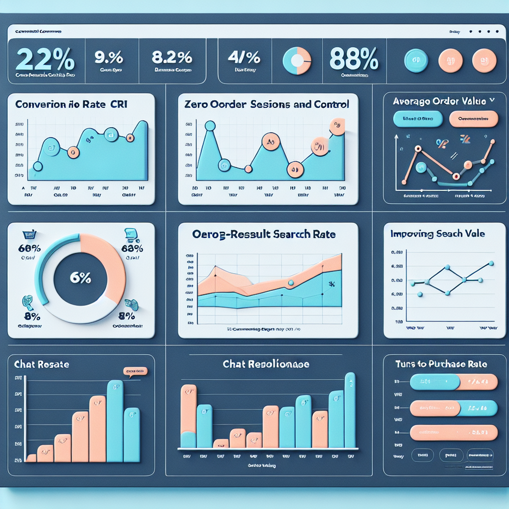 Metrics dashboard visualizing conversion, AOV, zero-result rate, and conversation quality
