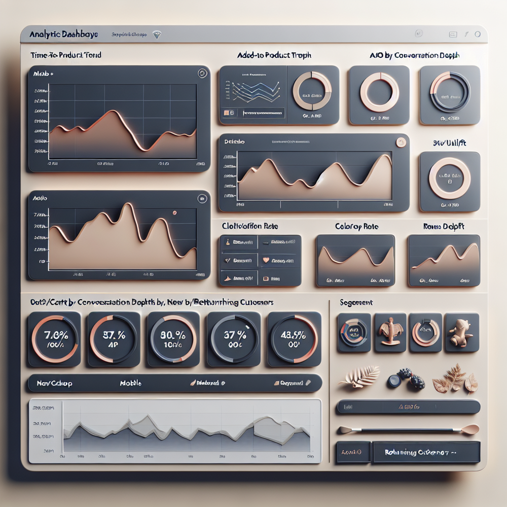 Analytics dashboard visualizing TTP, AC rate, AOV uplift, and clarification rate for conversational journeys.