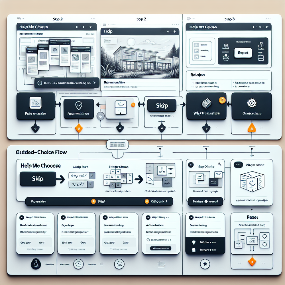 Storyboard of replacing a listicle hero with a guided-choice module and analytics.
