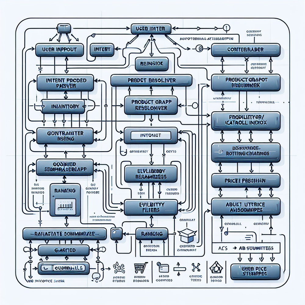 Architecture of a grounded shopping assistant from intent parsing to ranked, eligible results.