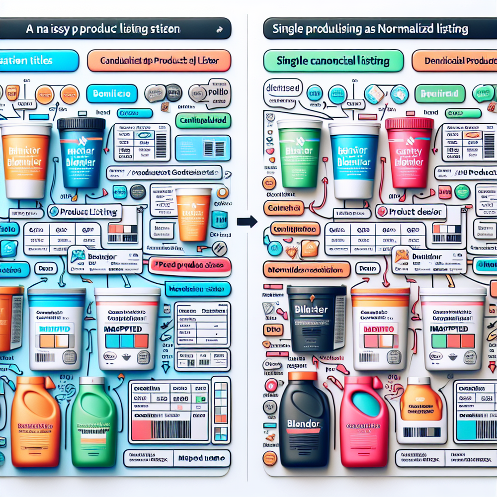 Side-by-side view of messy product duplicates versus a normalized canonical product cluster.