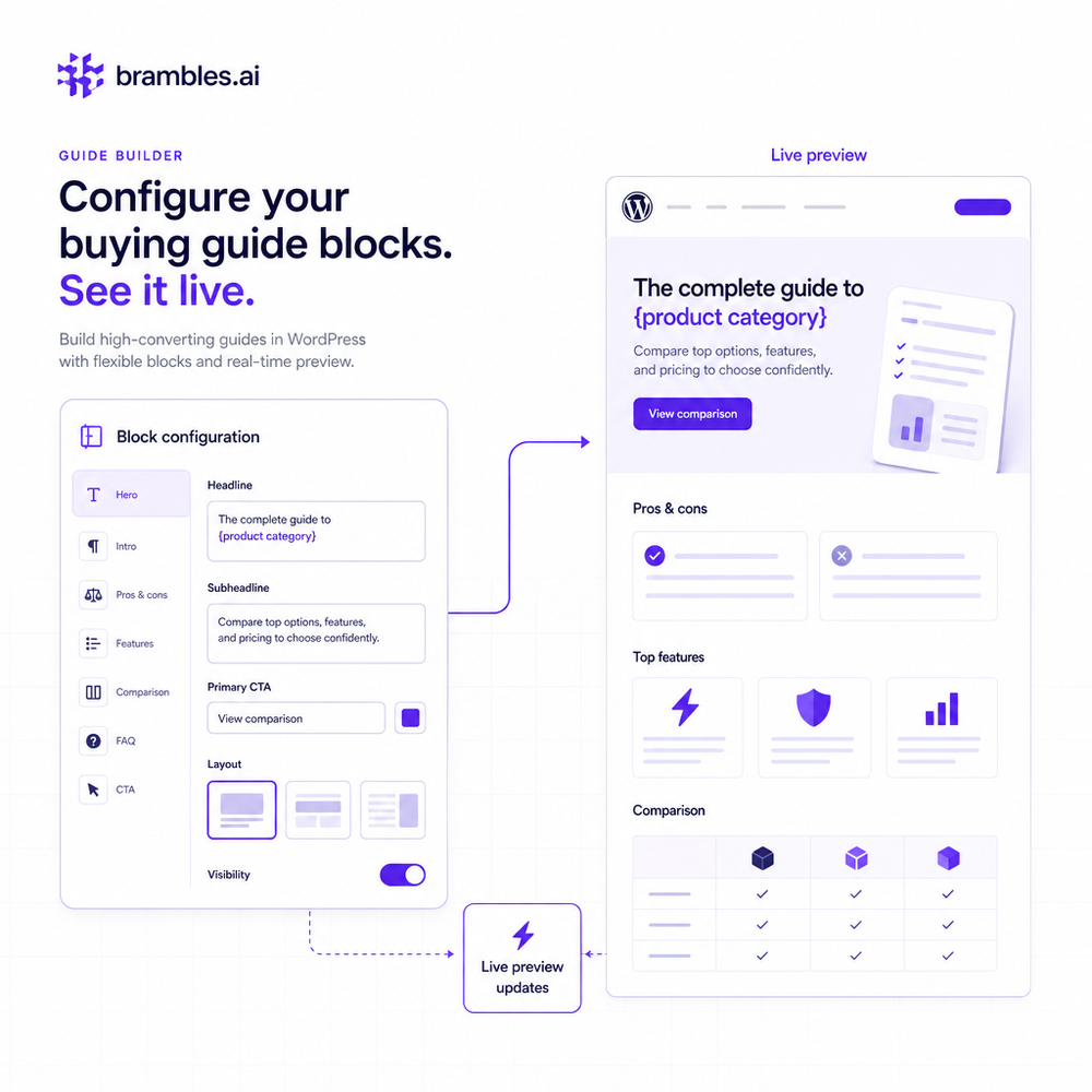 WordPress buying guide block configuration and live preview