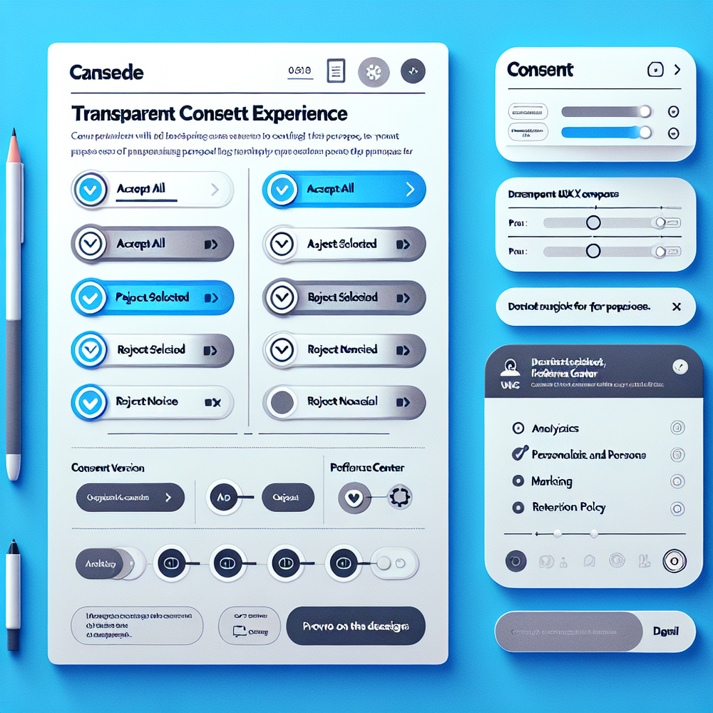 Layered consent banner and preferences center with granular toggles and clear actions.