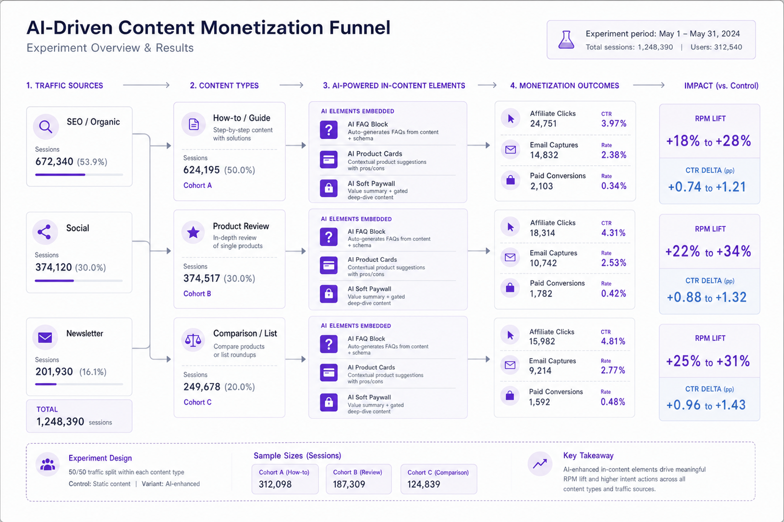 Annotated funnel diagram showing AI content blocks driving RPM lift across page types for publishers.