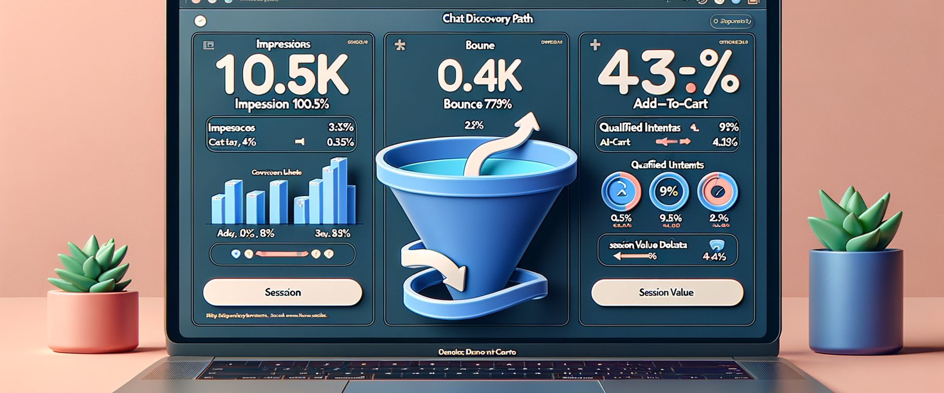 Dashboard showing funnel metrics for banner ads versus chat-driven discovery, with significantly higher conversion on the chat path.