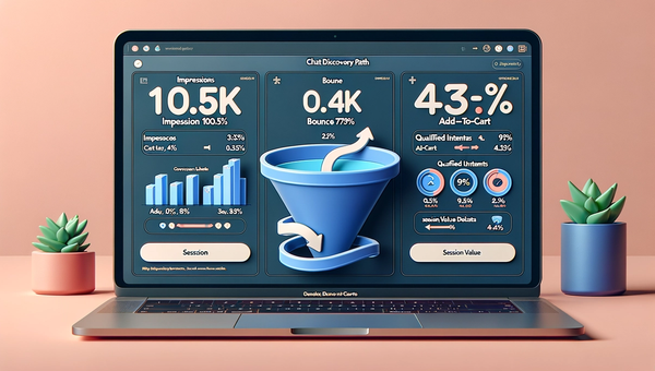 Dashboard showing funnel metrics for banner ads versus chat-driven discovery, with significantly higher conversion on the chat path.