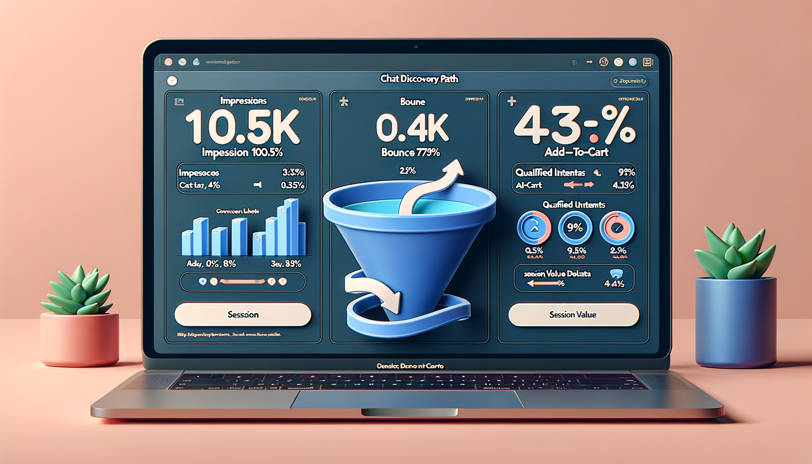 Dashboard showing funnel metrics for banner ads versus chat-driven discovery, with significantly higher conversion on the chat path.