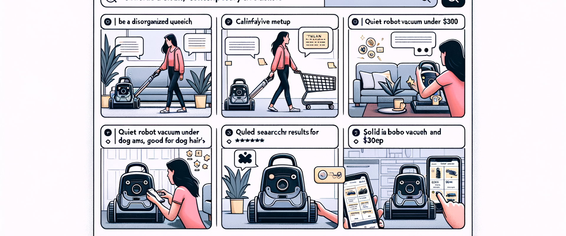 Storyboard of broken filter flow replaced by a conversational shopping path
