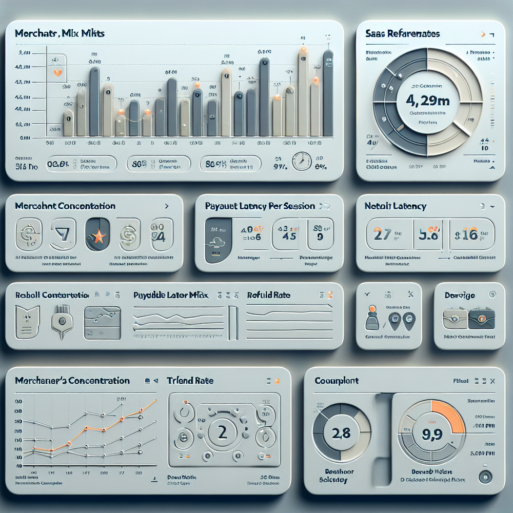 KPI dashboard showing EPC, net revenue per session, latency, refunds, and concentration for a merchant-mix test.