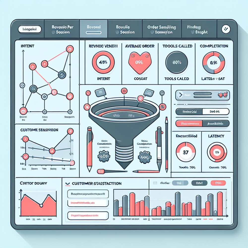 Analytics view highlighting completion rate, revenue per session, and latency by tool for agent interactions.