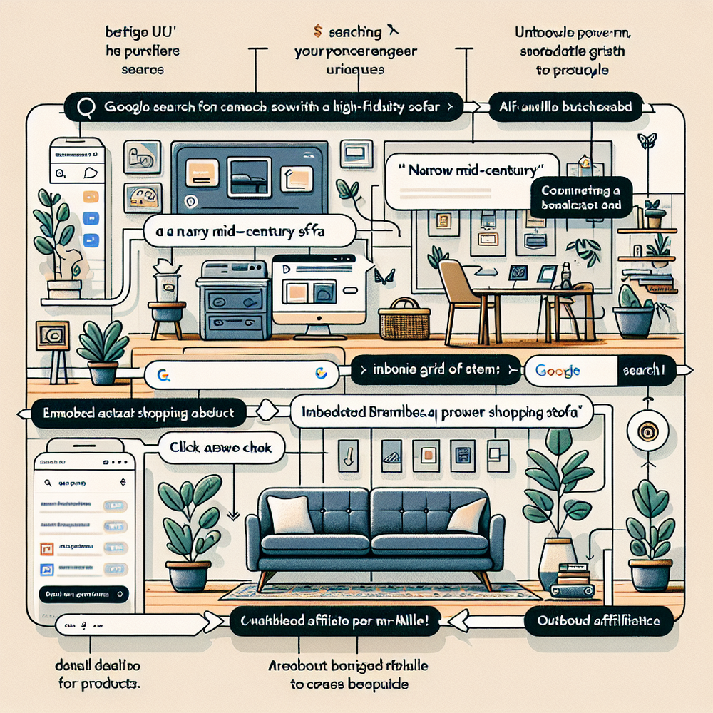 Flow diagram: agentic Google shopping result to publisher page with Brambles.ai embed, then affiliate clickout to Etsy/Wayfair.