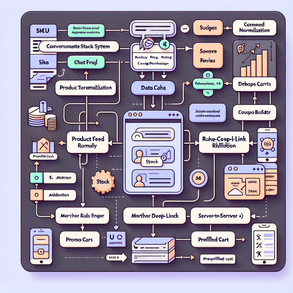Architecture diagram showing how chat connects product feeds, coupons, deep links, and attribution to assemble a prefilled cart from an affiliate page.