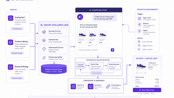 Architecture diagram of Brambles.ai’s intent capture, discovery, and direct add-to-cart flow.