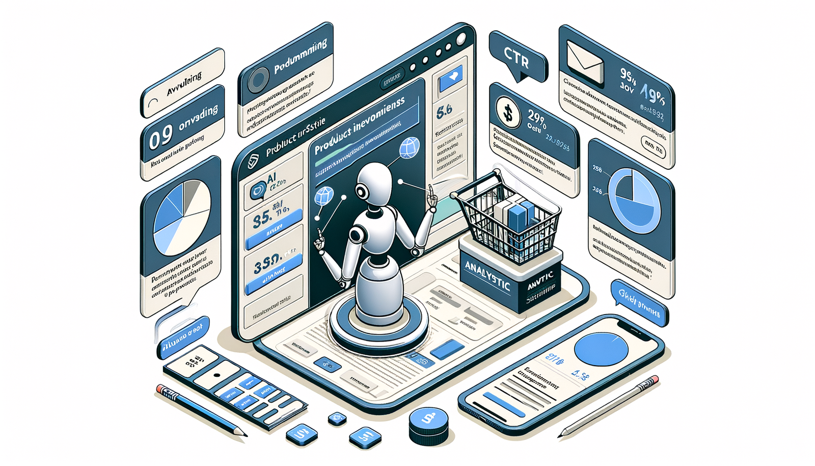 Illustration of an AI shopping assistant embedded in a publisher article, recommending affiliate products.