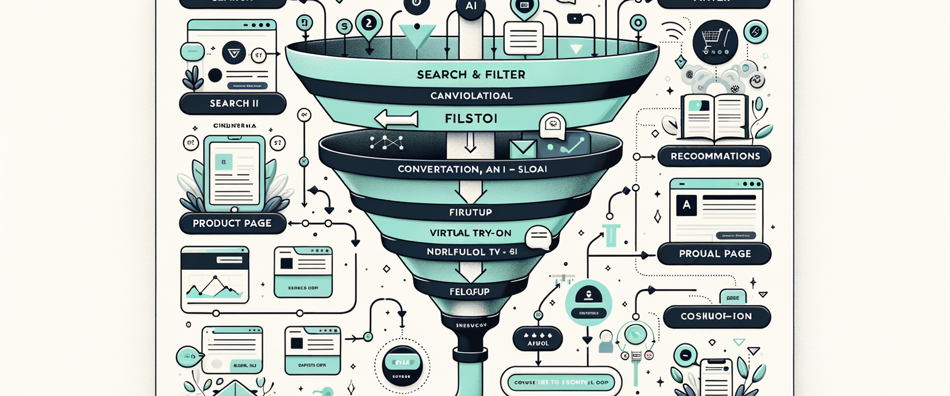 Side-by-side funnel: traditional filters vs. conversational AI with try-on and direct add-to-cart.