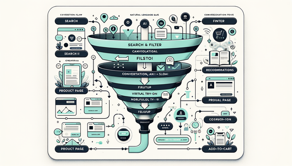 Side-by-side funnel: traditional filters vs. conversational AI with try-on and direct add-to-cart.